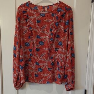 Elegant Red and Blue Floral Blouse